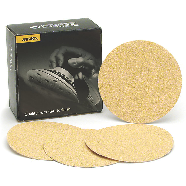 6 Inch Gold No Hole Hook and Loop 36-500 Grit Sanding Discs by Mirka Abrasives
